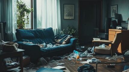 A messy living room with a couch, a chair, a table, and a window. The floor is covered in trash and debris.