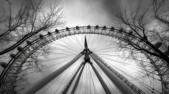 Low-angle black and white photo of a Ferris wheel with bare trees.