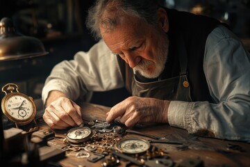 An old watchmaker tries to repair a very old wristwatch that he took apart at his desk