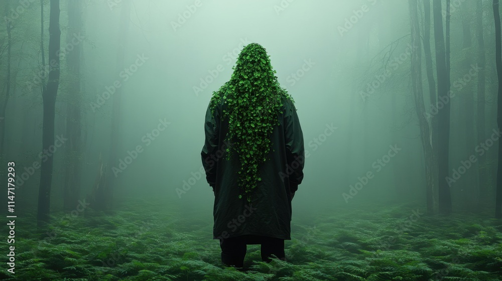 Poster mysterious figure adorned with greenery in a foggy forest setting creating an enigmatic atmosphere