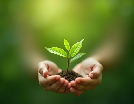 A small green sapling growing in soil held by two hands, symbolizing care for the environment.