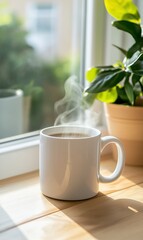 Steaming coffee cup on a sunny windowsill with houseplant.