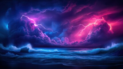 Fototapeta premium Dramatic Stormy Seascape With Lightning Strikes and Colorful Clouds at Dusk Over the Ocean