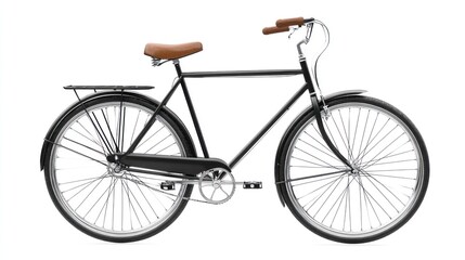 Classic black bicycle with brown leather saddle, isolated on white.
