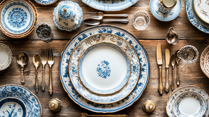 Retro dishware collection, vintage tableware and utensils, antique porcelain plates and ceramic kitchenware, decorative dining set with traditional patterns, old fashioned cutlery.