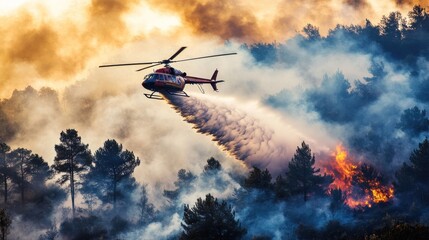 A helicopter flies through the smoke and flames of a forest fire, dropping water to extinguish the blaze.