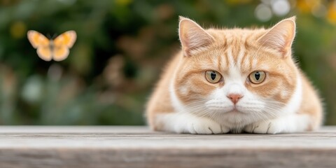 Cute Orange Cat Outdoors Butterfly Garden Pet Animal
