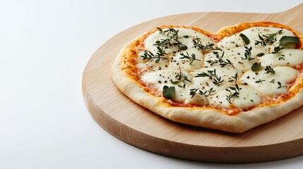 Heart-shaped cheese toppings on a golden crust pizza, close-up, white isolated background, romantic and playful food concept