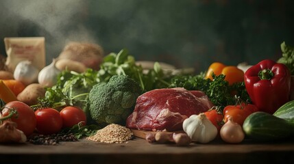 Fresh vegetables and meat arranged on a wooden surface with grains and spices in a rustic kitchen setting. Generative AI