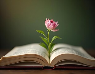 A pink flower sprouting from the pages of an open book, symbolizing growth and knowledge.