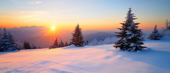 Obraz premium Snowy mountain sunset with snow-covered fir trees.