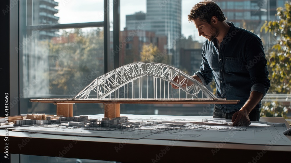 Aufkleber civil engineer examines detailed bridge model in modern workspace during daylight hours. generative 