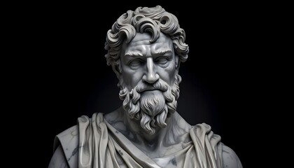 Classic marble sculpture of a muscular figure in a relaxed pose with intricate drapery and expression, roman scholar statue close up portrait on plain black background