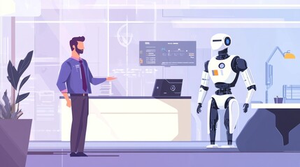Obraz premium A man stands in an office setting, gesturing towards a humanoid robot that stands behind a desk.