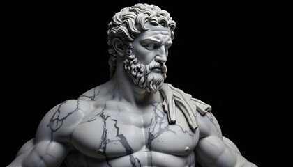Obraz premium Classic marble sculpture of a muscular figure in a relaxed pose with intricate drapery and expression, roman scholar statue close up portrait on plain black background