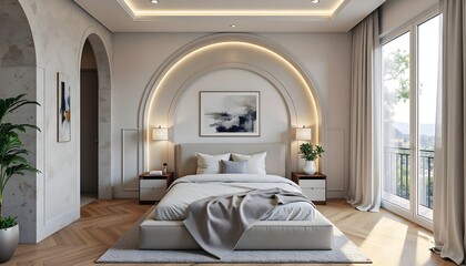 Modern bedroom interior featuring natural light and sleek design elements in a contemporary home