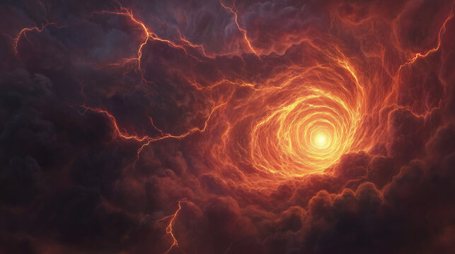 A swirling storm cloud parting to reveal a glowing portal, with fractal lightning patterns branching from its edges