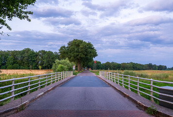 Unique photo of a small bridge and a winding path in autumn along the Germany-Netherlands border, surrounded by vibrant seasonal colors and tranquil countryside scenery.
