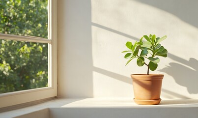 Fototapeta premium Small potted plant on windowsill in sunlight.