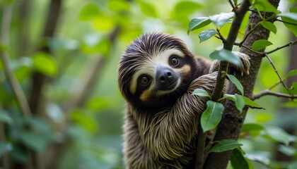 Fototapeta premium A close-up portrait of a sloth clinging to a branch, its fur blending seamlessly with the lush green foliage. The sloth gazes curiously at the camera, showcasing its large, expressive eyes