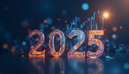 A futuristic and dynamic image depicting the year "2025" rendered in a glowing, circuit board-like style. The numbers are illuminated against a dark background with a subtle glow