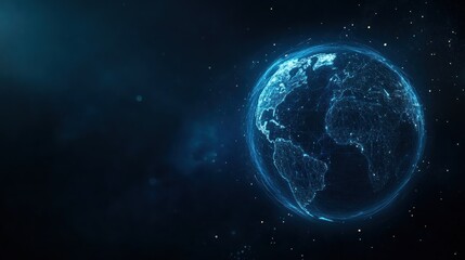 Obraz premium A digital illustration of a glowing blue Earth with North America prominent in a deep blue space background.