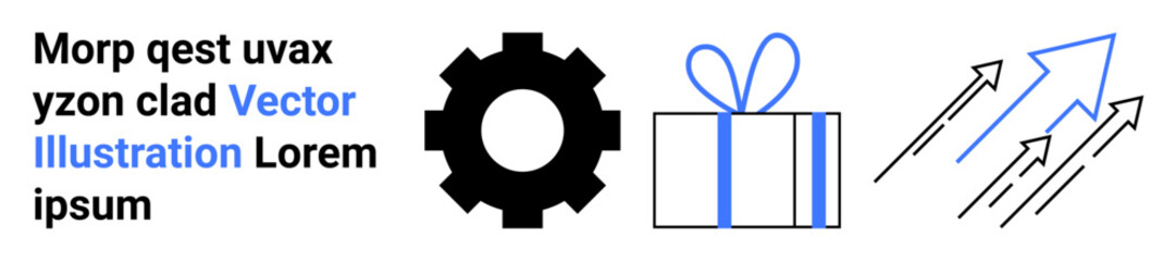 Black gear, blue ribbon-wrapped gift box, and rising arrows. Ideal for technology, celebrations, productivity, growth, innovation efficiency and success themes. Landing page