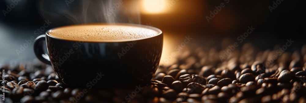 Poster warm cup of coffee resting on roasted beans with soft lighting inviting relaxation and inspiration. 