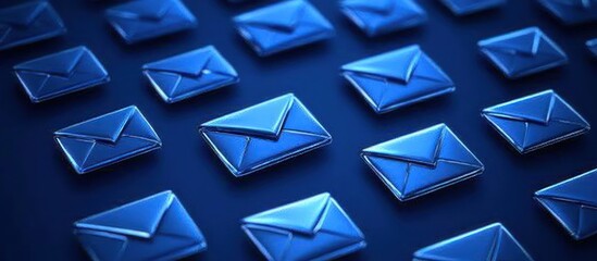 Multiple blue email icons on dark blue background . 