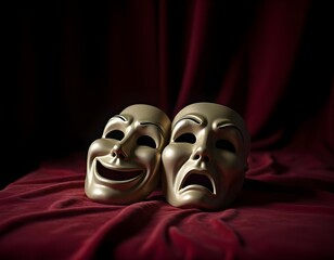 Comedy and tragedy theater masks on a dark red background.