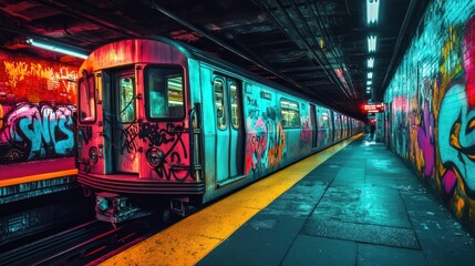 A subway train sits in a station with graffiti covered walls. The train is brightly lit with vibrant colors.