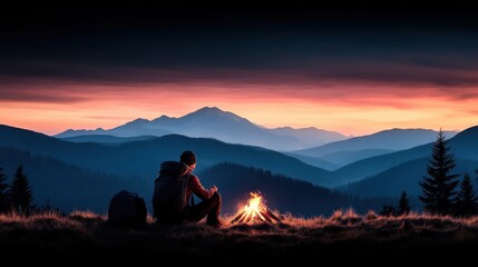 Obraz premium Serene Campfire Experience in Majestic Mountain Landscape at Dusk with Vibrant Sky and Calm Nature Surroundings