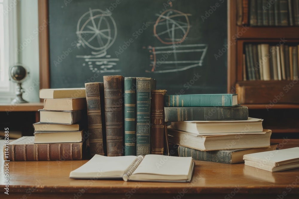 Poster study space with vintage books and stationery on a wooden desk perfect for learning and creativity. 