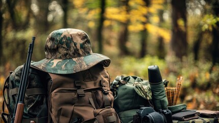 Hunting gear in the woods with a camo hat, backpack, rifle, binoculars and other hunting accessories.