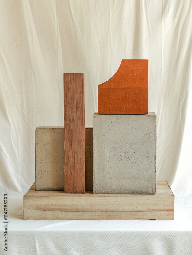 Poster Construction materials arranged creatively on a wooden base with soft fabric backdrop enhancing visual appeal. Generative AI