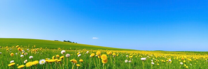 A beautiful field filled with vibrant yellow dandelions under a clear blue sky, blue sky, countryside