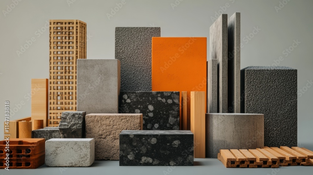 Poster construction materials arranged for a building project with various types of bricks, wood, and concr