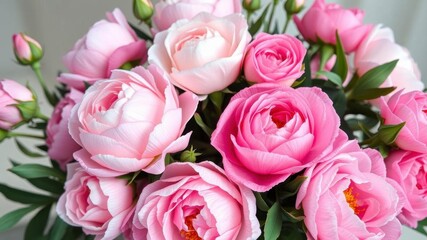 Fototapeta premium Bright pink peonies and blush roses arranged in a fresh bouquet with room for text, roses, fresh, pink