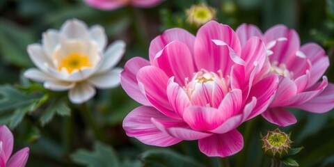 Close-up shot of vibrant pink and white ranunculus flowers blooming in a garden, nature, close-up, petals