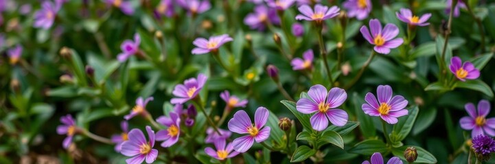 Fototapeta premium Close-up shot of vibrant purple flower petals and delicate leaves in a lush garden setting, background, soft