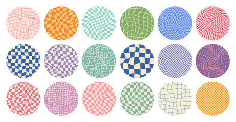 Groovy checkered pattern, round colorful tiled grid. Vintage wavy curved backdrop, distortion effect. Funky geometric chessboard texture, retro background in 90s style, y2k. Vector illustration
