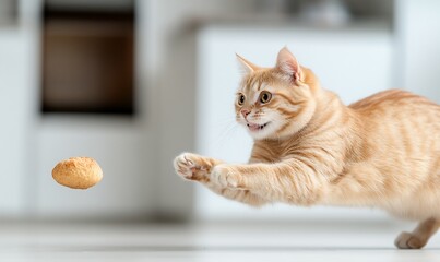 Playful ginger cat leaping to catch treat.