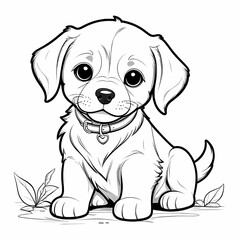 Fototapeta premium Cute cartoon puppy sitting on the grass. Black and white illustration.
