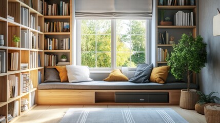 A cozy reading nook with a window seat, bookshelves, and a window overlooking a lush green garden.