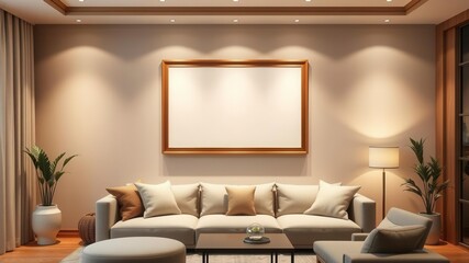 A hanging poster mockup displayed in a modern living room setting with a wooden frame and minimalistic design, showcase, template, elegant