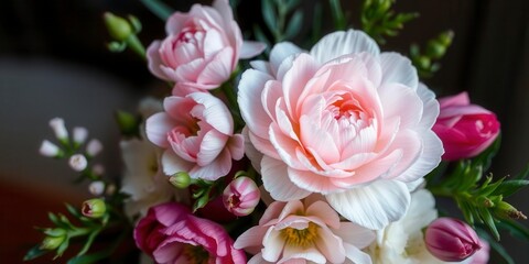 Elegant arrangement of pink and white ranunculus flowers in full bloom on a white background, floral, arrangement, ranunculus
