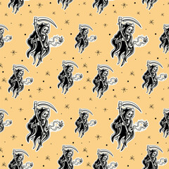 old school grim reaper illustration pattern, just the outline