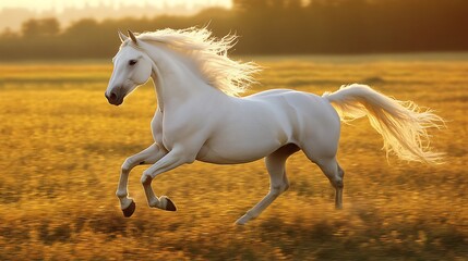 Obraz premium Majestic White Stallion Galloping at Sunset