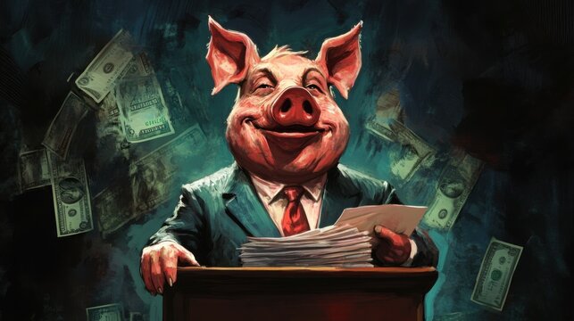 A Corrupt Politician Pig Amidst Falling Money: A Satirical Digital Painting of Greed and Power