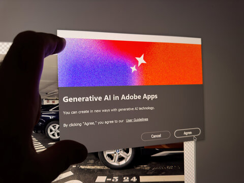 Paris, France - Oct 22, 2024: Agreement screen for using Adobe's Generative AI, highlighting user consent and new AI-driven creative tools for enhanced digital experiences in camera raw
